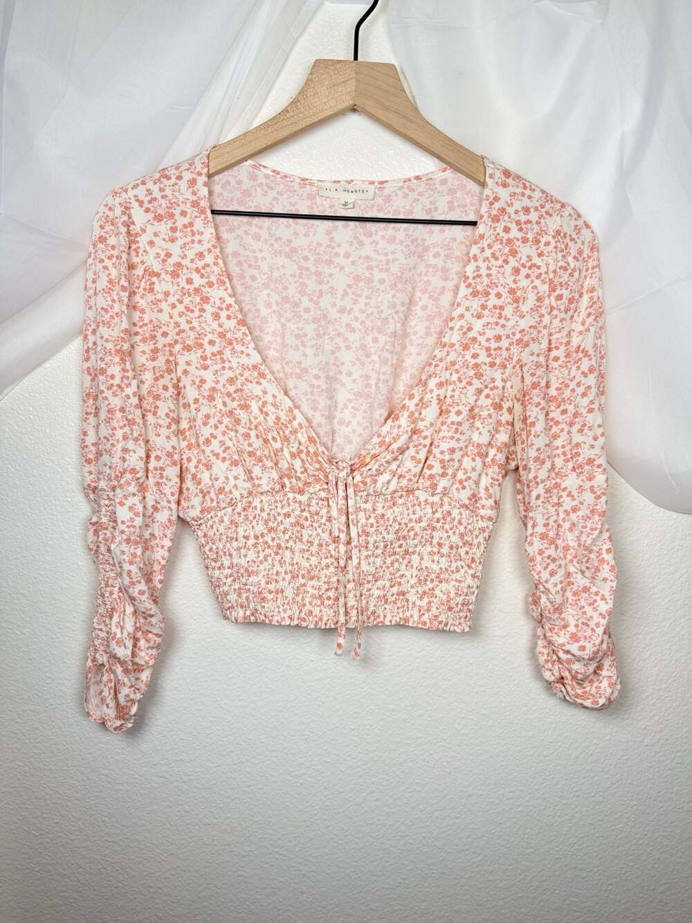 L.A. Hearts Floral Smocked Tie-Front Long Sleeve Crop Top Coquette Feminine